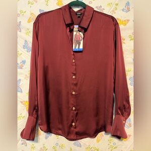 Express Women’s Satin Button Down Shirt Dark Red Large NWT